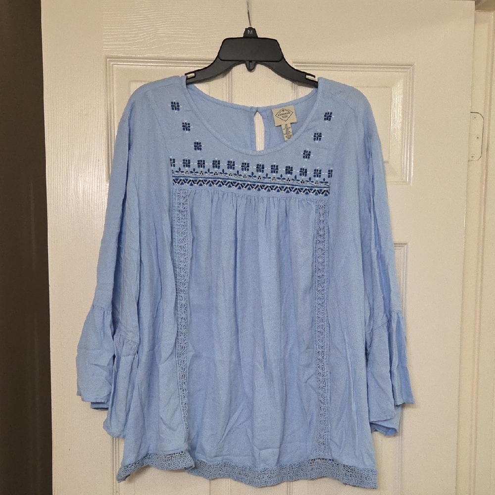 St. John's Bay Sky Blue Embroidered Blouse